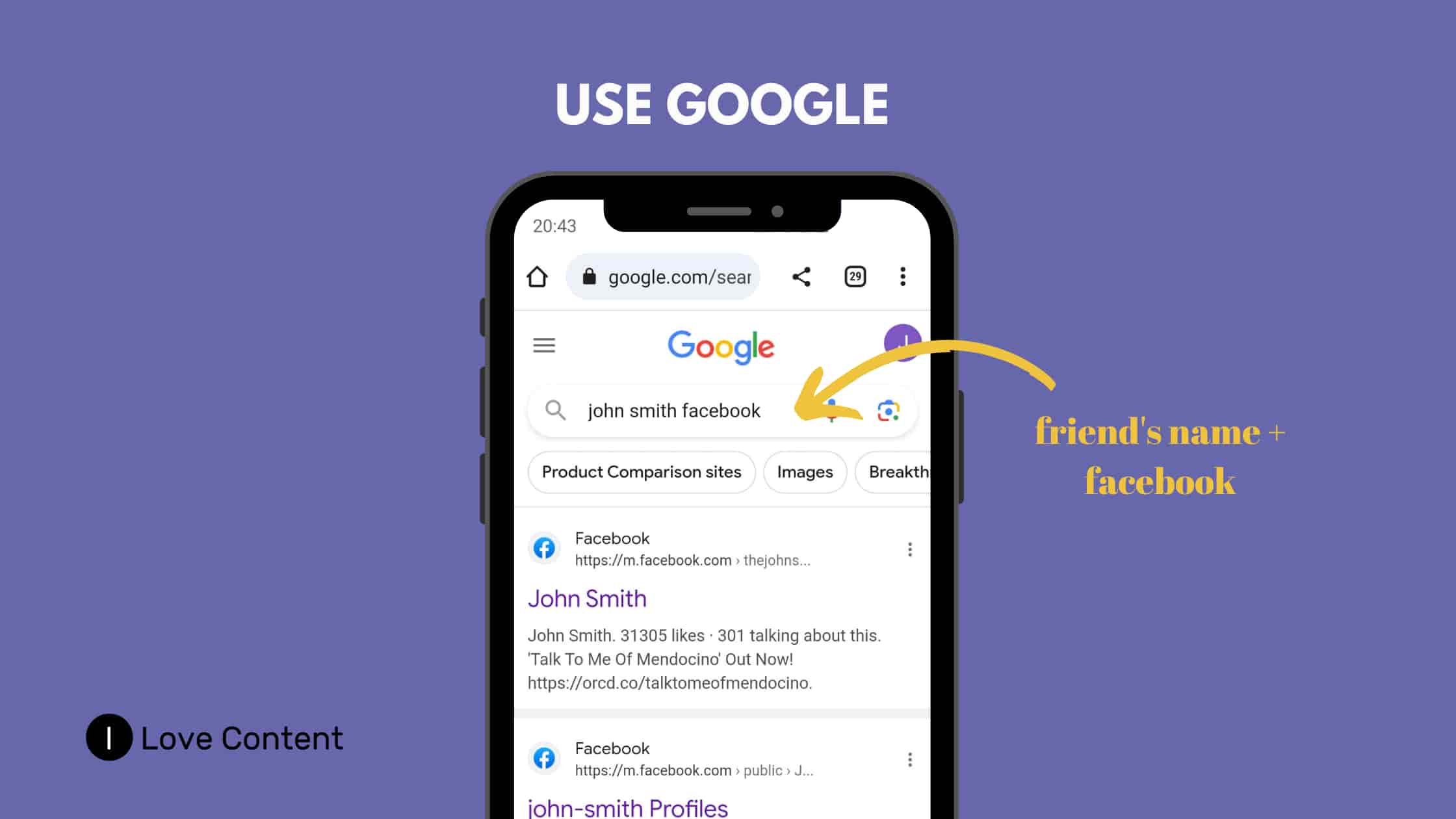 Facebook search by name without account - Use Google