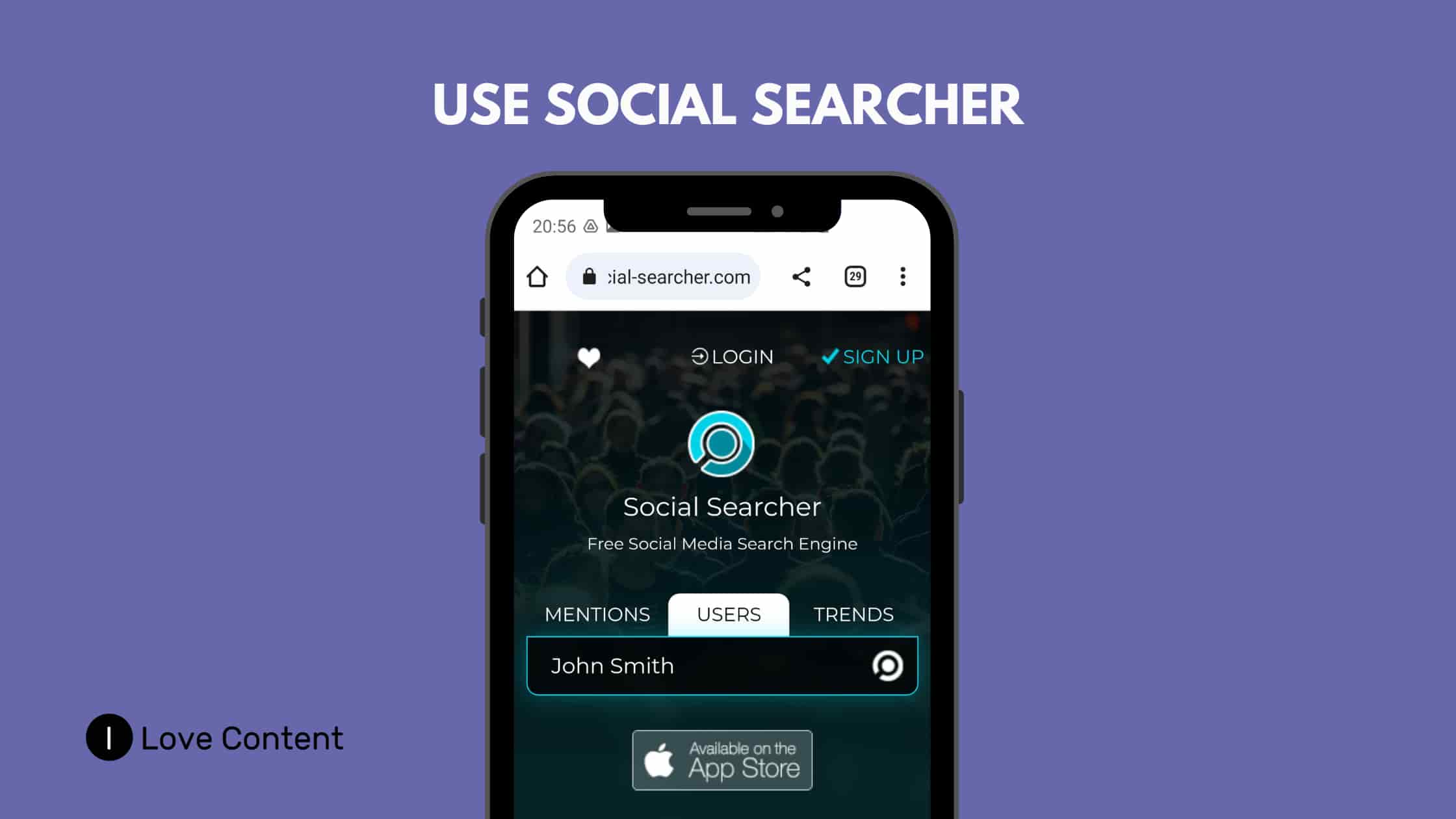 Facebook search by name without account - Use social searcher